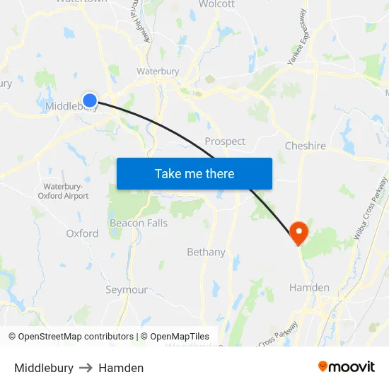 Middlebury to Hamden map