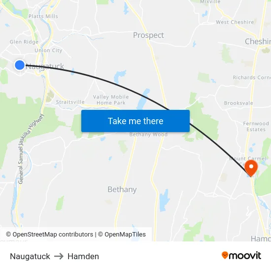 Naugatuck to Hamden map