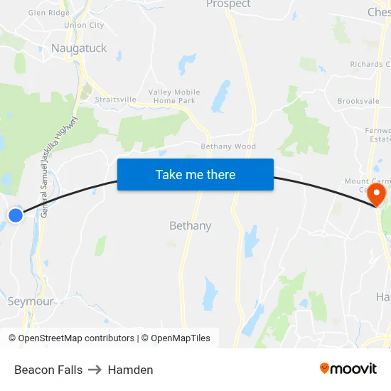 Beacon Falls to Hamden map