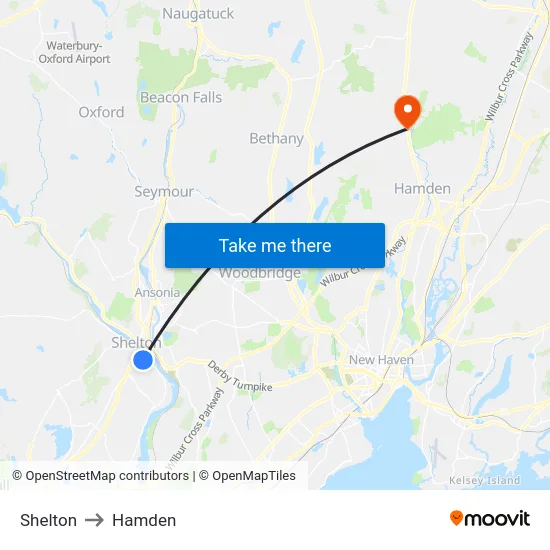 Shelton to Hamden map