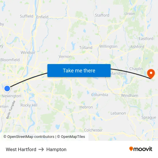 West Hartford to Hampton map