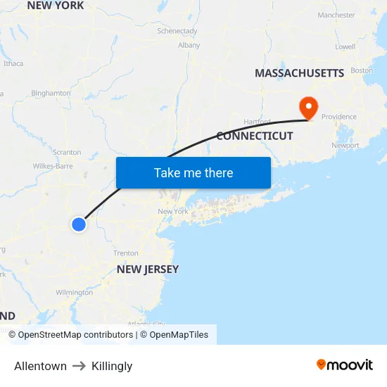 Allentown to Killingly map
