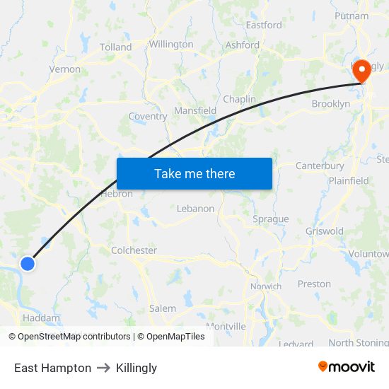 East Hampton to Killingly map