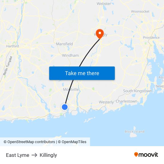 East Lyme to Killingly map