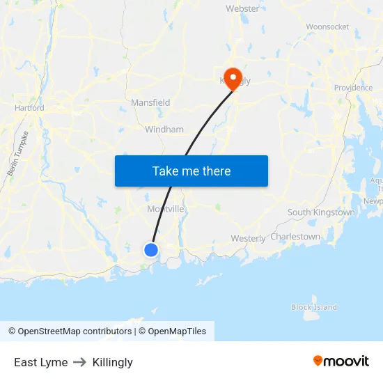 East Lyme to Killingly map