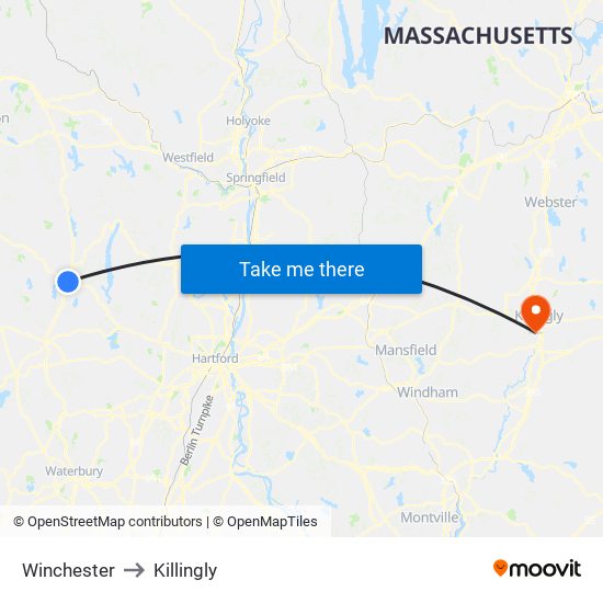 Winchester to Killingly map