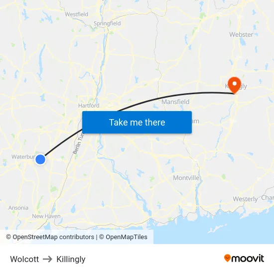 Wolcott to Killingly map