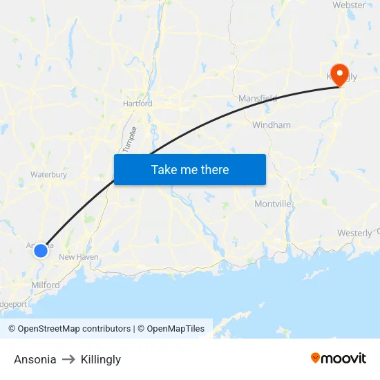Ansonia to Killingly map