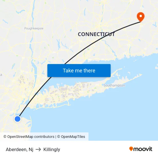 Aberdeen to Killingly map