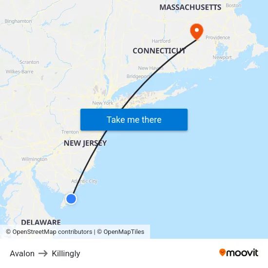 Avalon to Killingly map