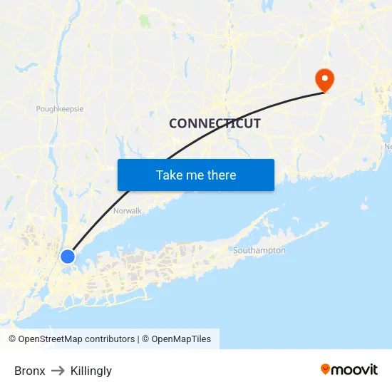 Bronx to Killingly map