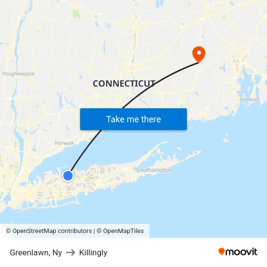 Greenlawn to Killingly map