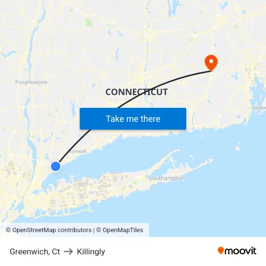 Greenwich to Killingly map