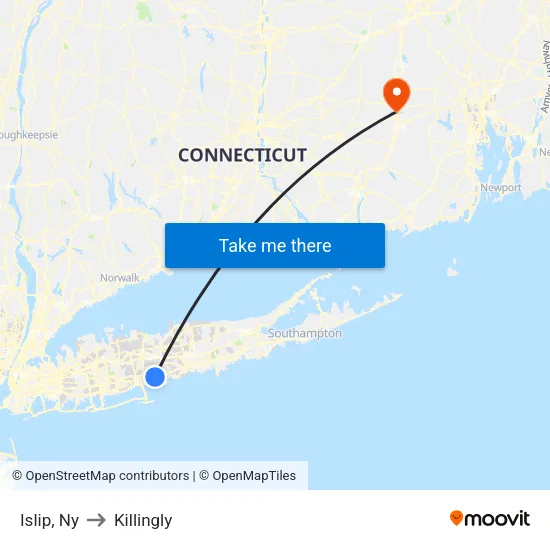 Islip to Killingly map