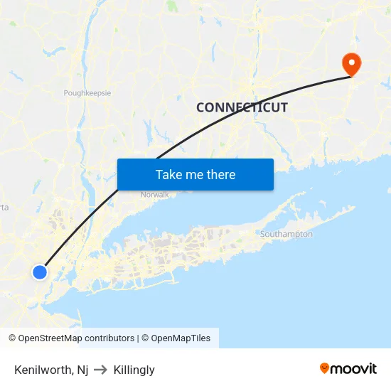 Kenilworth to Killingly map