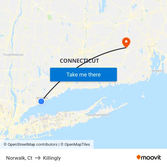 Norwalk to Killingly map