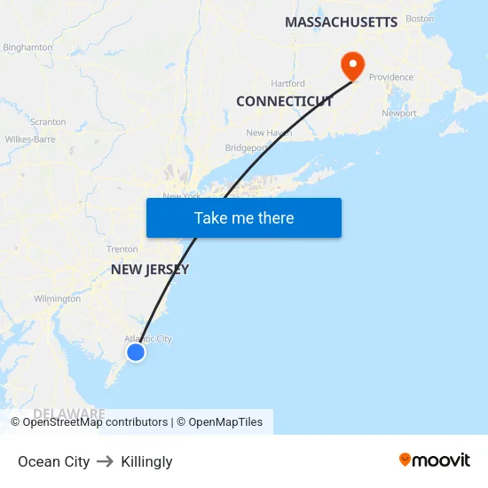 Ocean City to Killingly map