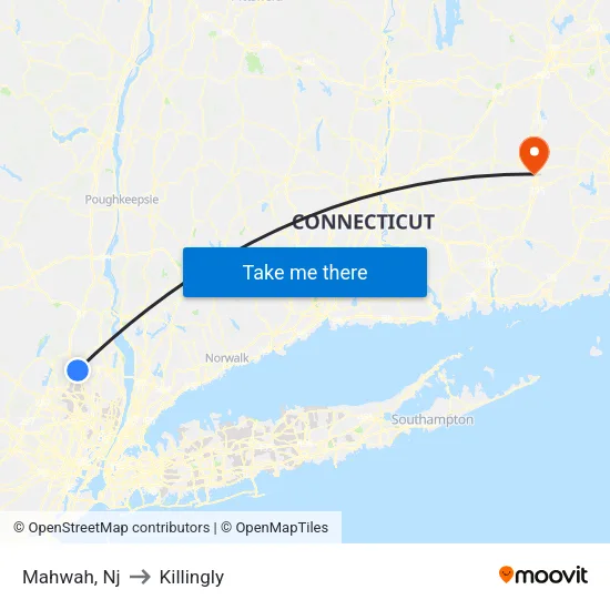 Mahwah to Killingly map