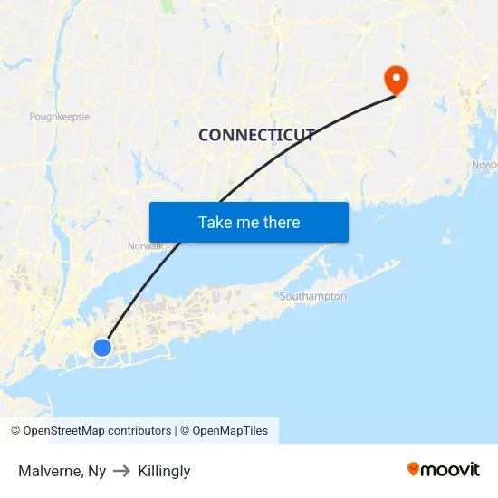 Malverne to Killingly map