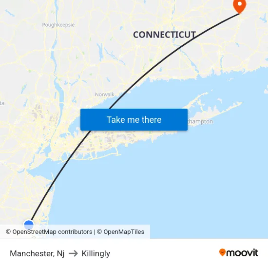 Manchester to Killingly map