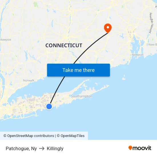 Patchogue to Killingly map