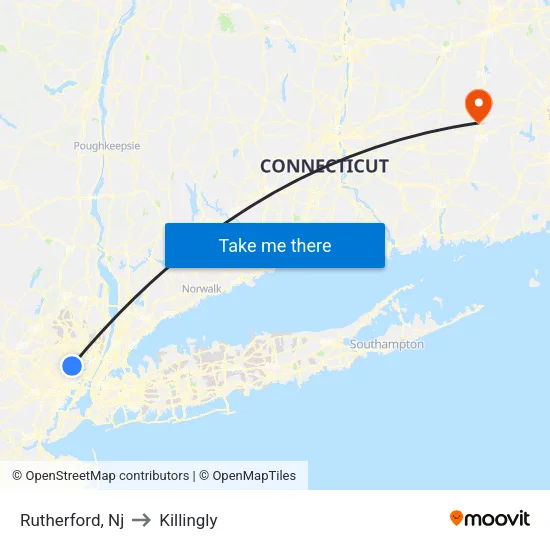 Rutherford to Killingly map