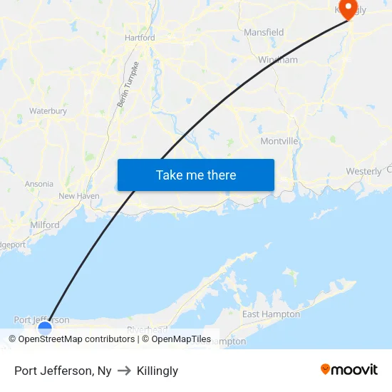 Port Jefferson to Killingly map