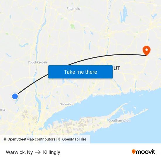 Warwick to Killingly map