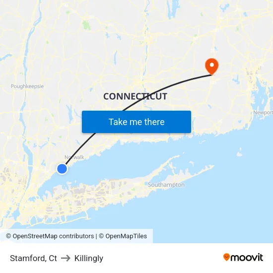 Stamford to Killingly map