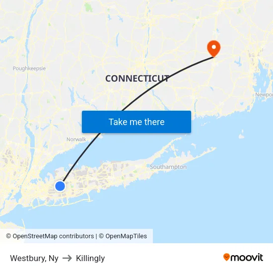 Westbury to Killingly map