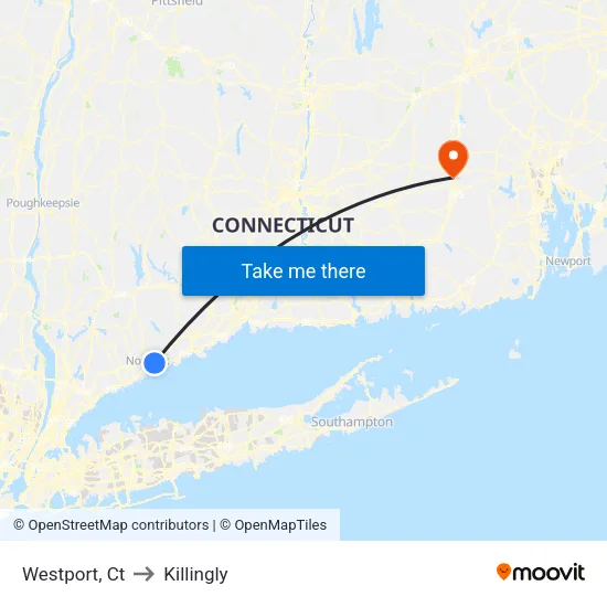 Westport to Killingly map