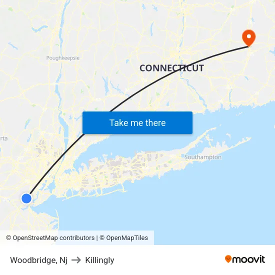 Woodbridge to Killingly map