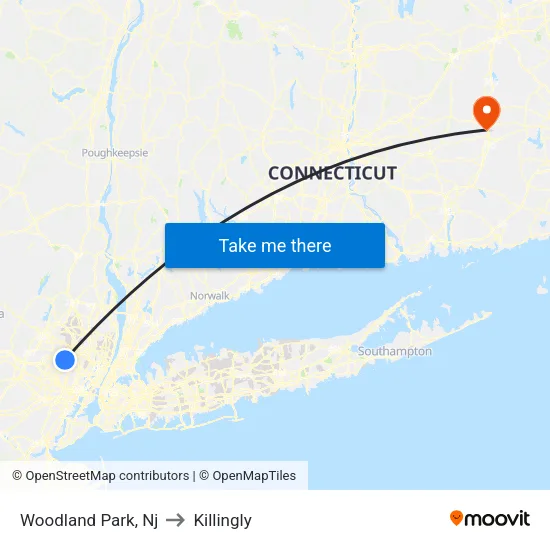 Woodland Park to Killingly map
