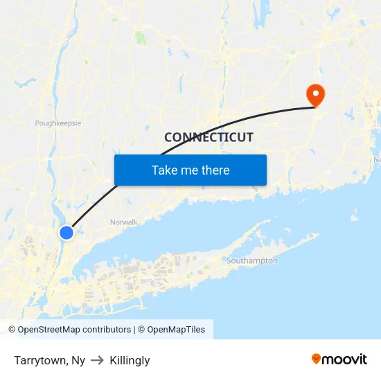 Tarrytown to Killingly map
