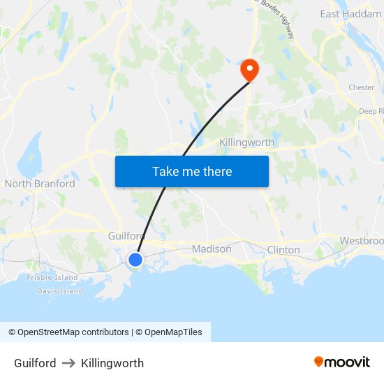 Guilford to Killingworth map