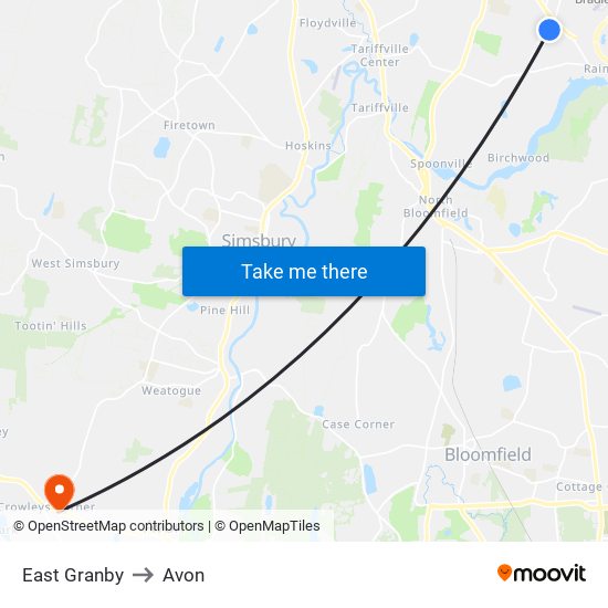 East Granby to Avon map