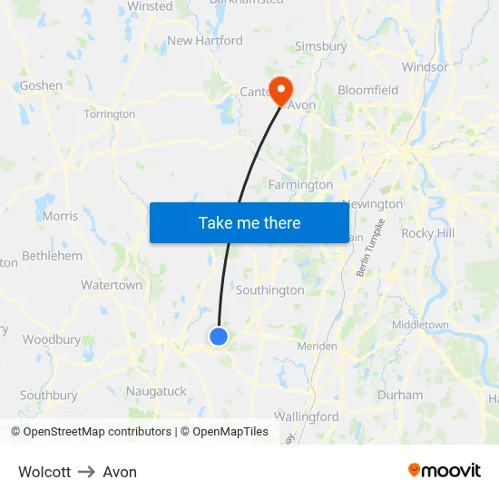 Wolcott to Avon map