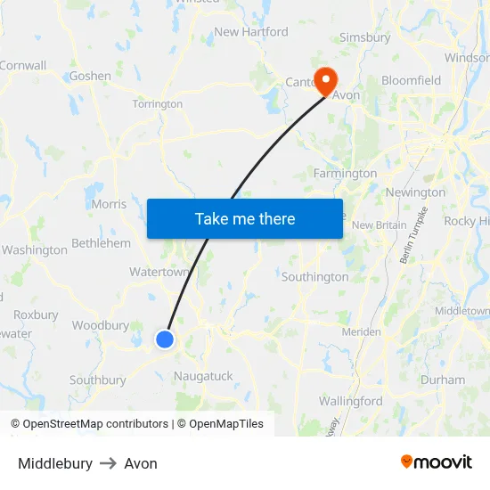 Middlebury to Avon map