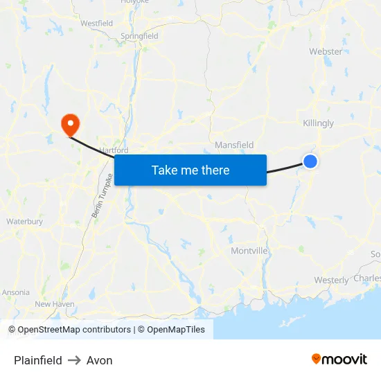 Plainfield to Avon map
