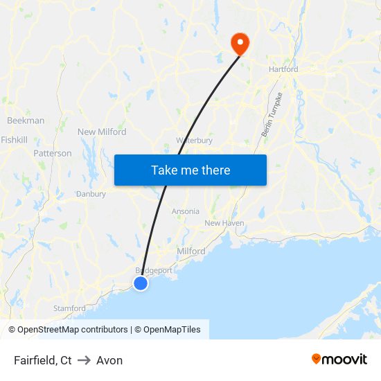 Fairfield, Ct to Avon map