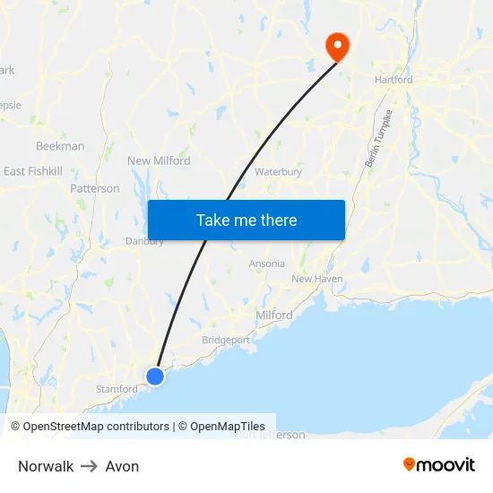 Norwalk to Avon map