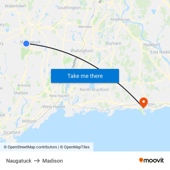 Naugatuck to Madison map