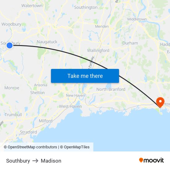 Southbury to Madison map