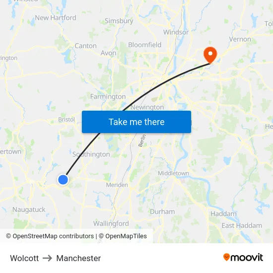 Wolcott to Manchester map