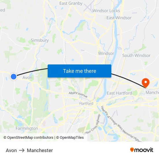 Avon to Manchester map