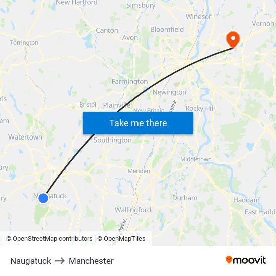 Naugatuck to Manchester map