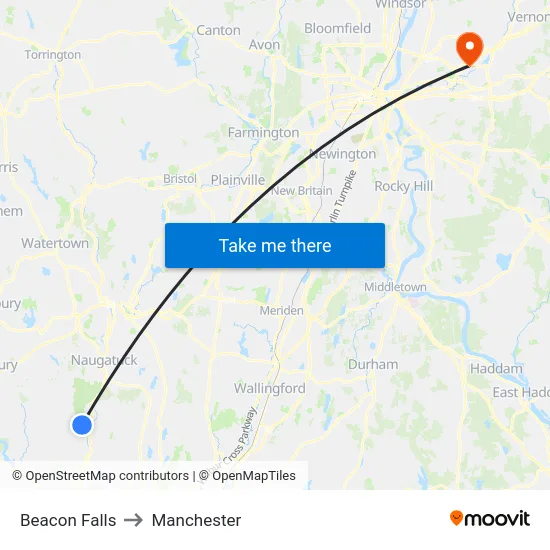 Beacon Falls to Manchester map