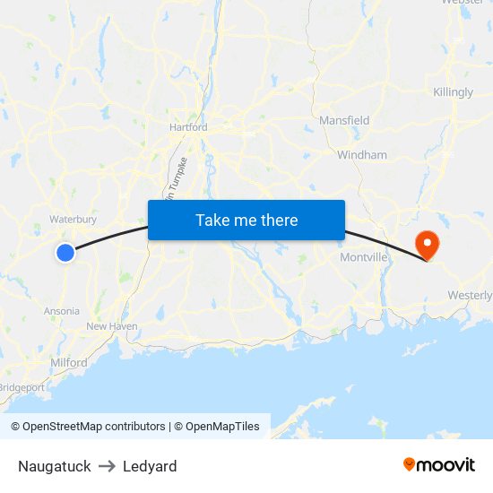 Naugatuck to Ledyard map