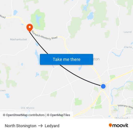 North Stonington to Ledyard map