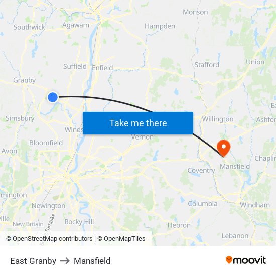 East Granby to Mansfield map